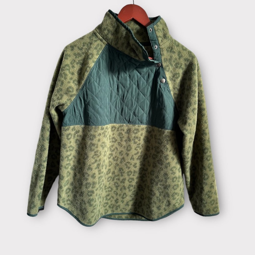 J. Crew Fleece Pullover, Green with Cheeta Print Size Small Like New - Picture 1 of 3